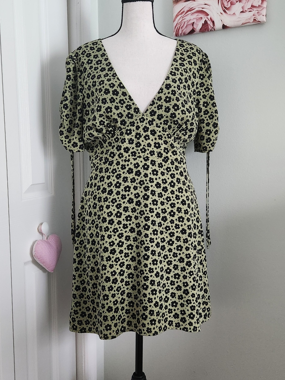 Lulu's Olive Green Mini Dress with Black Floral Print